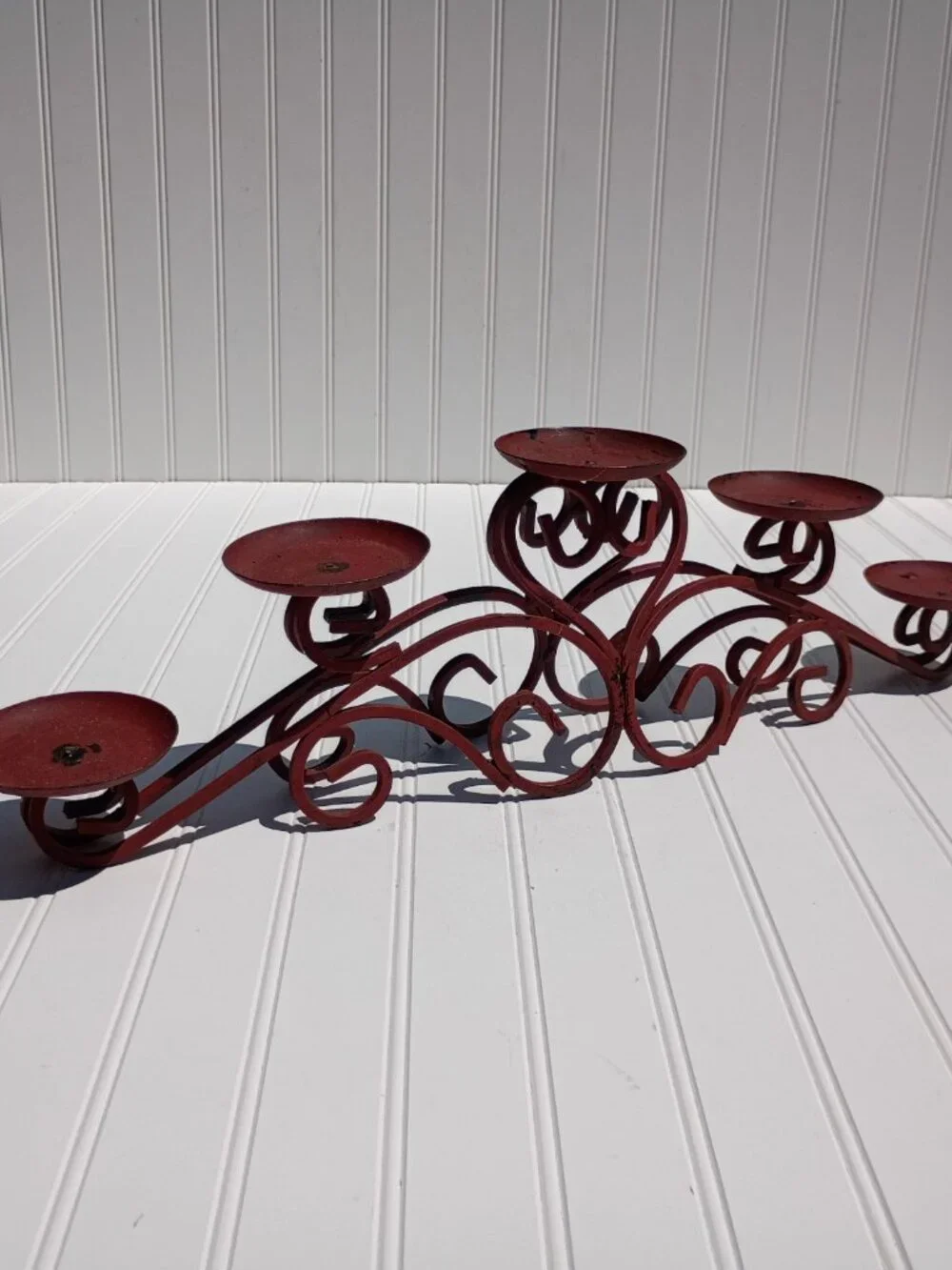 Wrought Iron Candelabra Scrollwork Centerpiece Primitive Candle Holder Farmhouse